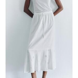 Zara White Floral Pointelle Embroidered Linen Blend Midi Skirt Size Large